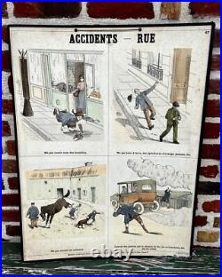 Ancienne affiche carte Deyrolle Accidents Rue pédagogique