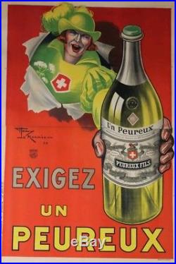 Ancienne affiche originale UN PEUREUX Litho LEMONNIER 1925 rare absinthe anis
