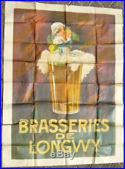 Ancienne affiche publicitaire lithographique Bière Brasseries de LONGWY rare