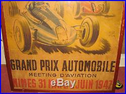 Ancienne affiche signée géo ham grand prix de l automobile nimes aviation 1947