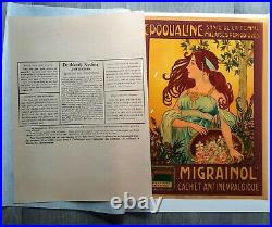 Art nouveau 1900 Vitrophanie affichette Femme fleurs Epoqualine Migrainol
