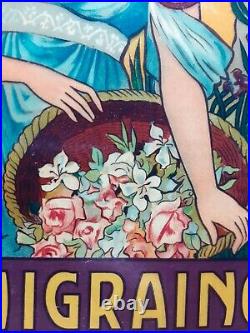 Art nouveau 1900 Vitrophanie affichette Femme fleurs Epoqualine Migrainol