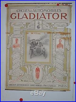 Belle affiche ancienne cycles et automobiles Gladiator debut de siecle