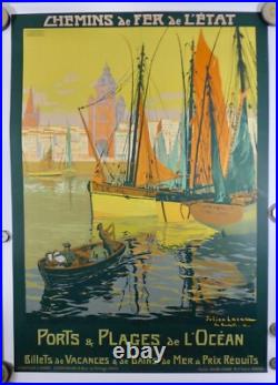 Belle affiche litho entoilee Ports et Plages de l'océan par Lacaze 1914