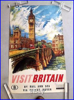 Britain by rail via Ostend-Dover british railways affiche ancien. Poster vintage