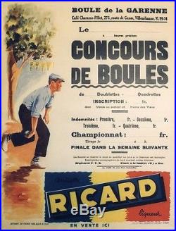 CONCOURS DE BOULES RICARD Affiche originale entoilée offset G. POTIER 54x69cm
