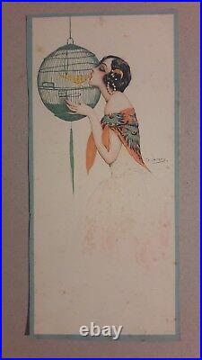 Estampe JOLIE FEMME ET CAGE OISEAUX 1925 GASPAR CAMPS