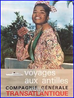 Grande Affiche Originale 60 Voyages Aux Antilles Compagnie Transatlantique