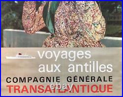 Grande Affiche Originale 60 Voyages Aux Antilles Compagnie Transatlantique