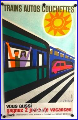 Guy Georget Trains Autos Couchettes Affiche Originale Très Rare 1968