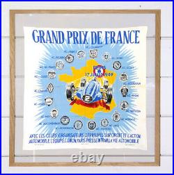 JEAN DES GACHON FOULARD GRAND PRIX DE FRANCE 1949 81X81 cm REIMS encadré