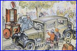 LITHO LITHOGRAPHIE AUTO 1930 AUTOMOBILE POMPE CHARIOT à ESSENCE AUTOMOBILIA