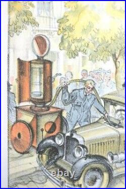 LITHO LITHOGRAPHIE AUTO 1930 AUTOMOBILE POMPE CHARIOT à ESSENCE AUTOMOBILIA