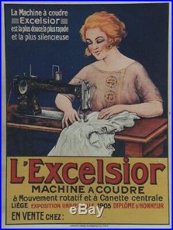 MACHINE à COUDRE L'EXCELSIOR Affiche originale entoilée Litho 1905 67x87cm