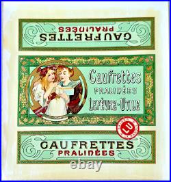 MUCHA Lefèvre Utile Gaufrettes Pralinées Étiquette chromo lithographié brillante