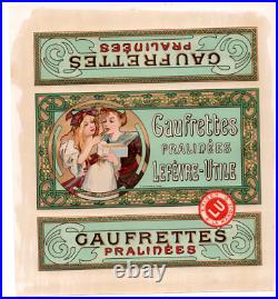 MUCHA Lefèvre Utile Gaufrettes Pralinées Étiquette chromo lithographié brillante