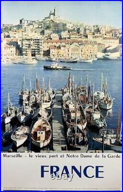 Marseille Le vieux port et Notre Dame de la Garde. Originale 1961. 99x62 cm