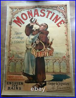 Monastine Liqueur Alcohol 1892 Eugene Oge Rare Affiche Litho Originale Entoilee