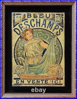 Mucha Bleu Deschamps Rare Plaqueancienne Lithographie Publictaire