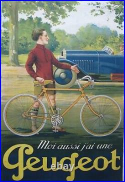 PEUGEOT ancienne affiche litho originale entoilée Automobile Auto Vélo