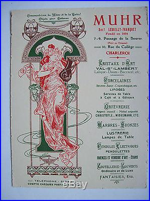 Petit carton publicitaire 1900 style Mucha Charleroi Lalique Daum cristal