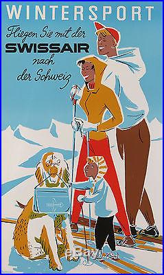 Pletscher Affiche Ancienne Swissair Wintersport Ski Suisse Sport D'hiver 1950