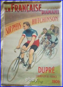 Rare Affiche Pub Ancienne Cycle Francaise Diamant Pneu Hutchinson 1909