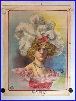 Rare Affiche ancienne Femme au chapeau a plumes