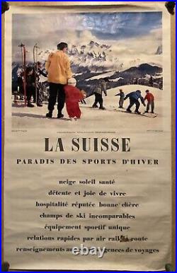 Rare Ancienne Affiche Suisse Paradis Des Sports D'hiver Montagne Ski Vintage