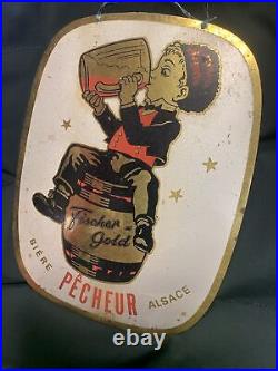Rare Tôle Publicitaire Bière Pêcheur Alsace