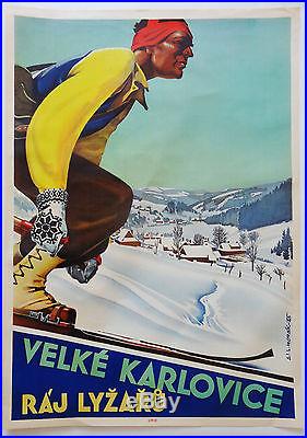 Rare affiche Velke Karlovice sports d'hiver- ski L. Horak 1946