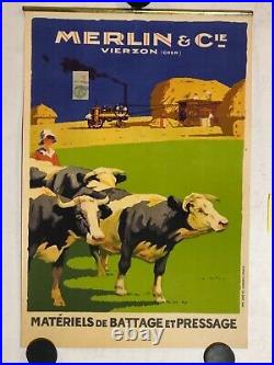 Rare affiche ancienne machine agricole Merlin a Vierzon annees 1920 s