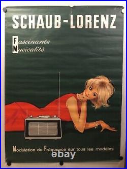 Rare affiche ancienne radio transistor Schaub Lorenz par Couronne pin up