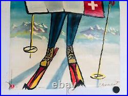 Rare affiche ancienne ski en Suisse montagne neige par Monnerat