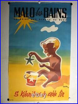 Rare affiche ancienne tourisme Malo les bains par Tiljac années 50 plage Nord