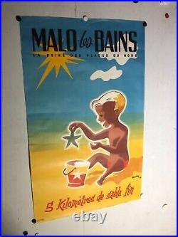 Rare affiche ancienne tourisme Malo les bains par Tiljac années 50 plage Nord