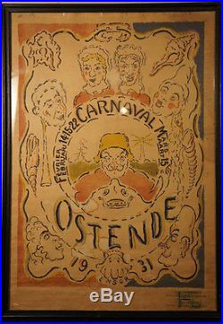 Rare authentique affiche ancienne lithographie James Ensor Carnaval Ostende 1931