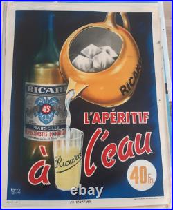 Ricard Ancienne Affiche Originale Papier L'aperitif A L'eau 40 Frs Couve 64 X 50