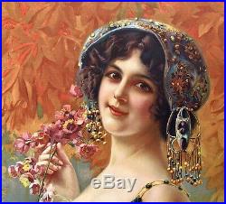 Superbe affiche Art-Nouveau Jeune Femme aux Bijoux de Gaspar Camps / 1900