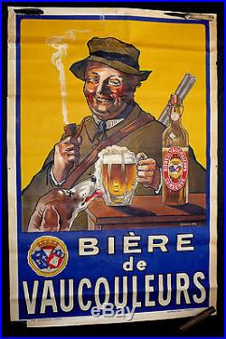 Ultra rare grande affiche Bière Vaucouleurs chasseur pipe chien S. Canoni 1914