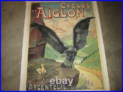 Vélo veritable ancien affiche litho entoilée marque AIGLON 1910 BON ETAT